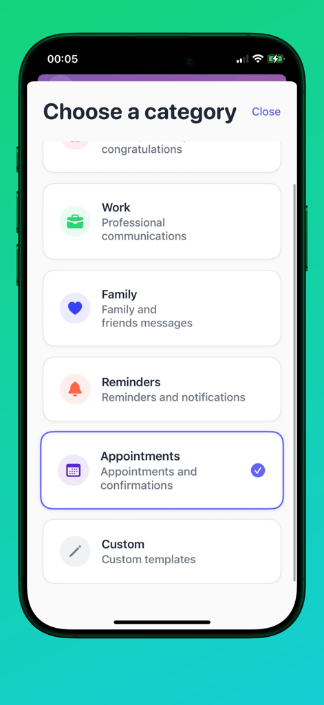 iPhone screen of the TextLater app showing options to choose a category for scheduled messages such as Work Family and Appointments