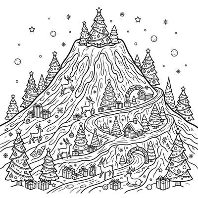 Embark on a unique holiday coloring journey with our Christmas Shield Volcano page, where festive cheer meets majestic natural beauty. This intricate design features decorated trees, playful reindeer, and charming cabins nestled on the gentle slopes, perfect for a cozy creative session.