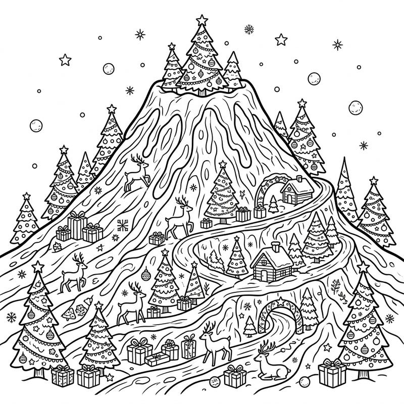 Embark on a unique holiday coloring journey with our Christmas Shield Volcano page, where festive cheer meets majestic natural beauty. This intricate design features decorated trees, playful reindeer, and charming cabins nestled on the gentle slopes, perfect for a cozy creative session.