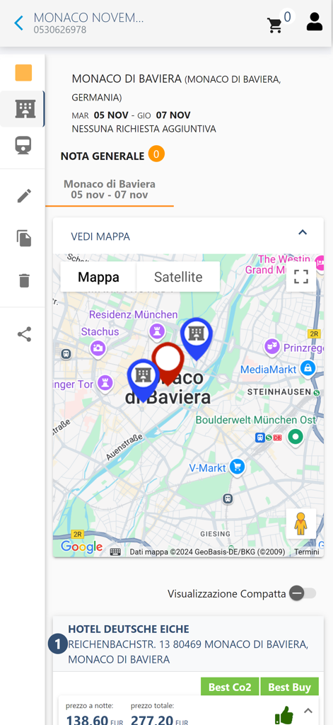 BTTool - Interfaccia dell'app mobile BTTool che mostra una mappa di prenotazione hotel e dettagli del viaggio per Monaco.