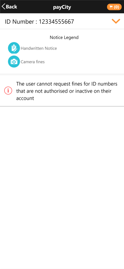 payCity - payCity App-Oberfläche, die Arten von Verkehrsdeliktmitteilungen und eine Autorisierungsnachricht für die ID anzeigt