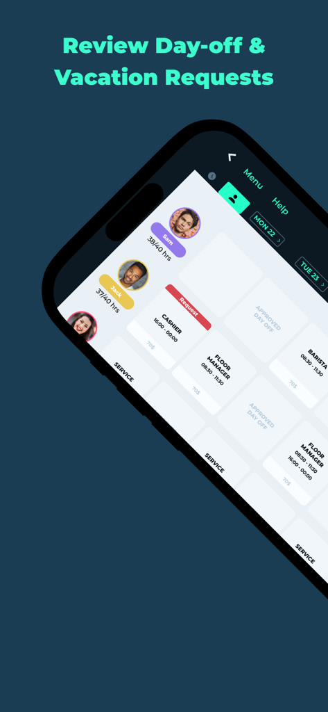 Employee Scheduling by BLEND - BLENDアプリのインターフェース。従業員の休暇申請およびバケーション申請を確認するためのものです。