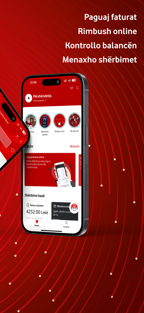 Painel do aplicativo My Vodafone Albânia em um smartphone exibindo opções para pagar contas e verificar o saldo