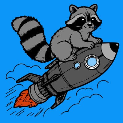 realistic raccoon flying on top rocket ship