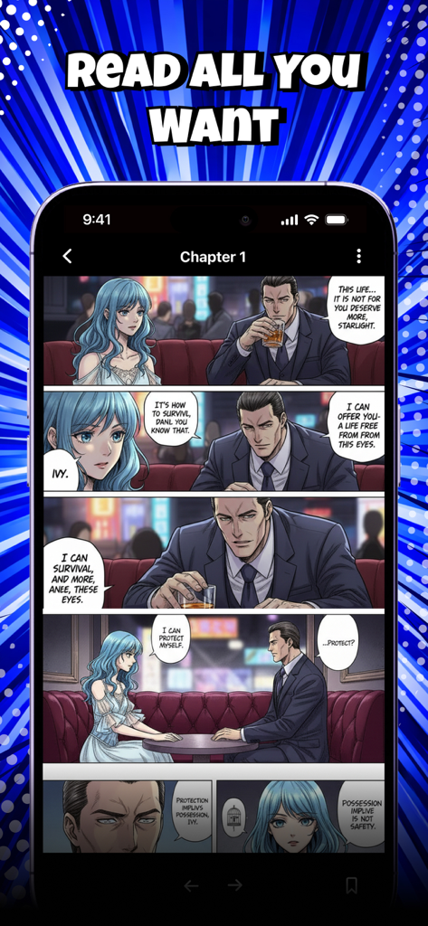 Manga Reader, Manhwa: Sakura - A smartphone displaying a colorful manga page in the Sakura Manga Reader app.