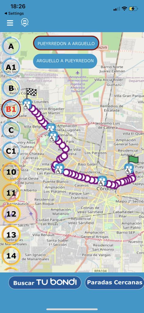 Tu Bondi Cba app interface displaying a bus route and real-time bus locations on a map of Cordoba