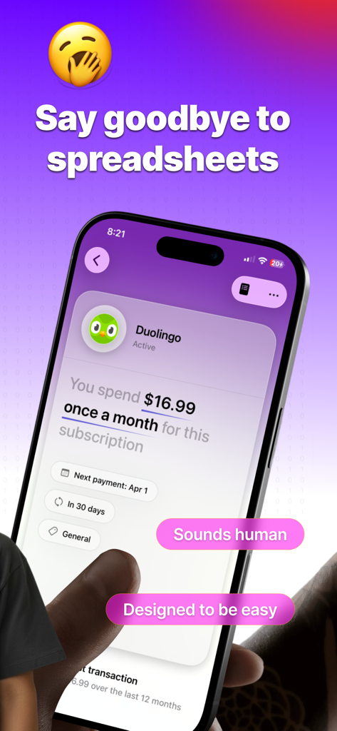 Subbie - Money Calendar - Subbie app interface showing monthly Duolingo subscription details and payment schedule