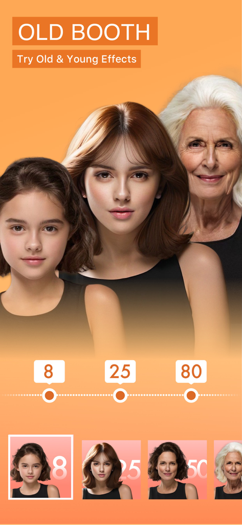 AI aging booth feature showing a woman face at ages 8 25 and 80