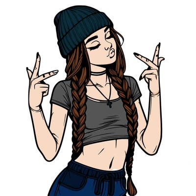realistic teenage girl with braids and a beanie and crop top doing 🫶🏼
