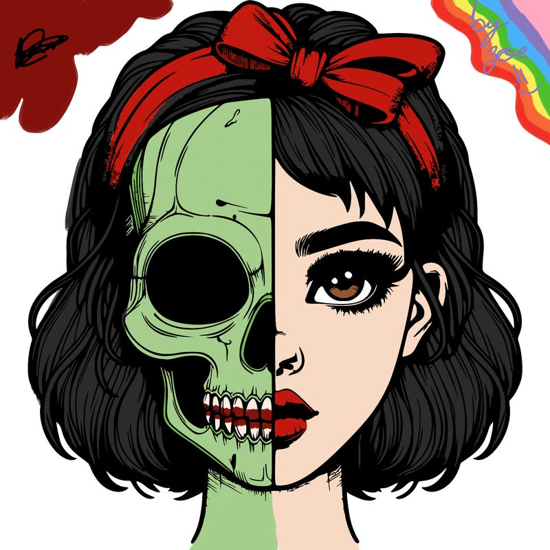 realistic girl with half skull mask