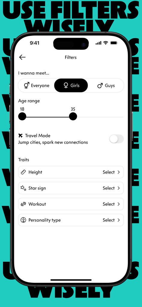 Soda: Make New Friends - Screenshot of the Soda app showing search filters for gender age range and personality traits