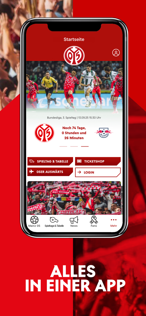 Tela inicial do aplicativo oficial do Mainz 05 mostrando contagem regressiva para o jogo e informações para os torcedores