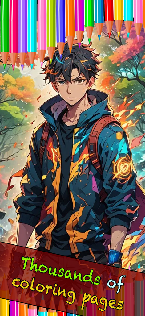 Coloring Book for Horror Anime - Un retrato de personaje de anime ilustrado dentro de una interfaz de libro para colorear digital con lápices de colores.