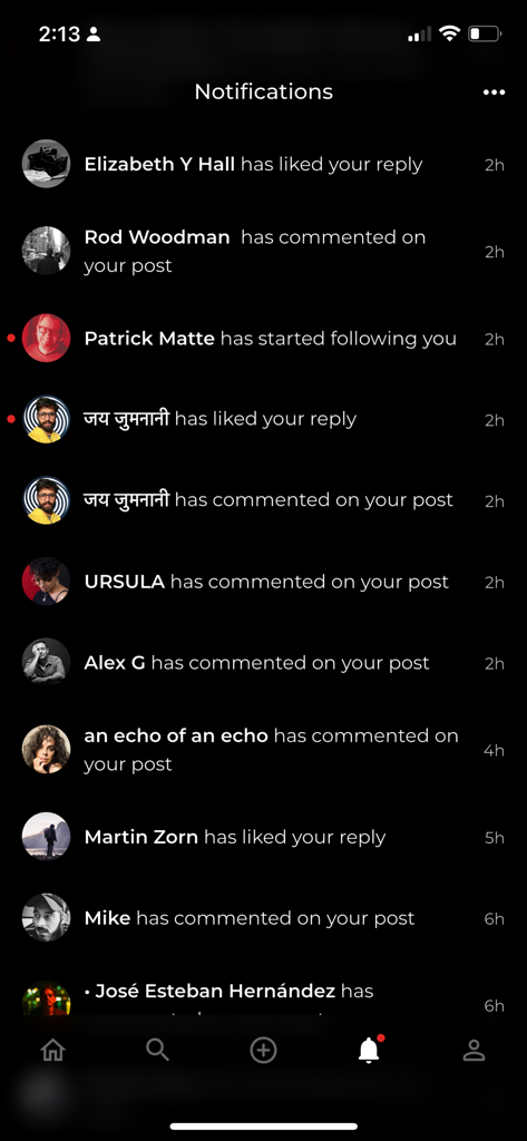 Foto Inc - Notifications screen in the Foto Inc app displaying a list of comments likes and new followers in a dark minimalist interface