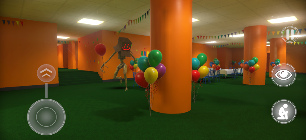 Backrooms: Level Fun - Backrooms Level Fun 게임의 축제 분위기지만 음산한 방에 있는 파티고어 생명체.