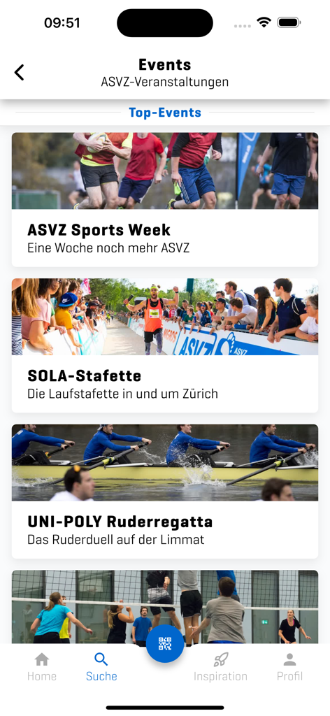ASVZ - ASVZ app screen displaying a list of top university sports events including rowing and running.