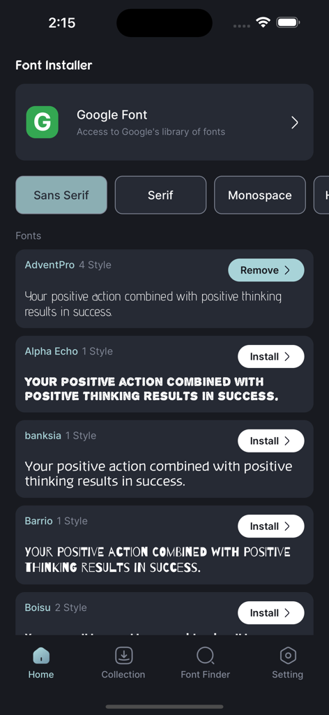 Écran de l'application Installeur de polices montrant une bibliothèque de polices avec des catégories et des boutons d'installation