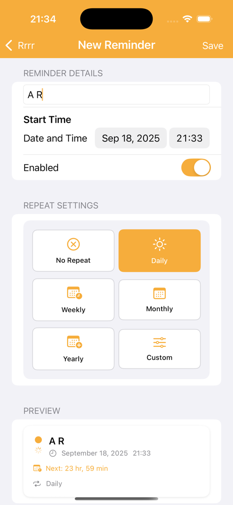 Screenshot of the New Reminder screen in the Tortoise tracking app showing daily and weekly repeat options for pet care tasks