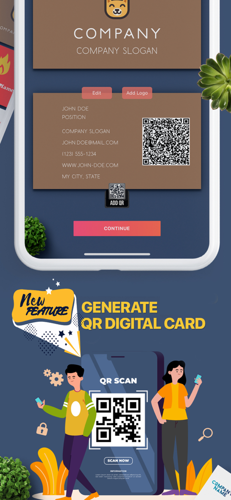 AI Business Card Maker QR - 統合されたQRコードと非接触型スキャン機能を持つデジタル名刺をデザインするためのモバイルアプリインターフェイス