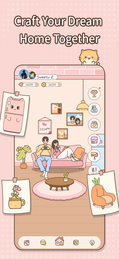 Sweetly-the world for couples - 커플이 Sweetly 앱의 드림 홈 기능에 대한 가상 방에 있는 분홍색 소파에 앉아 있는 모습