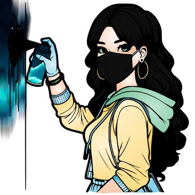 realistic girl with mask spray painting a wall