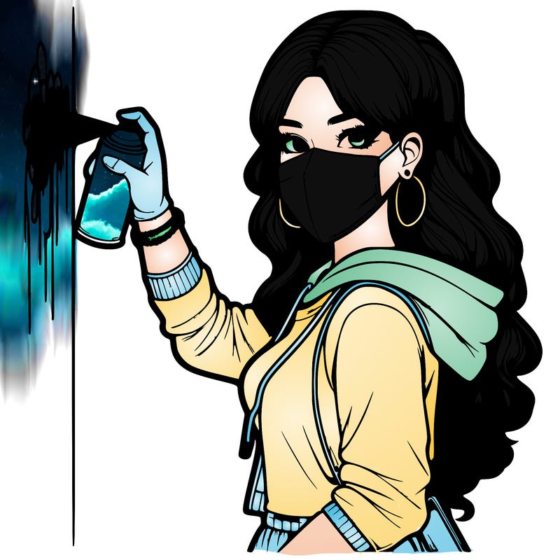 realistic girl with mask spray painting a wall