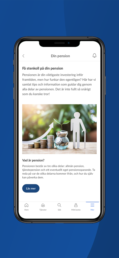 Säkra Total - Säkra Total mobile app interface showing a guide on pension types and retirement planning with a financial growth illustration.