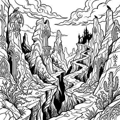 Unleash your creativity with this stunning coloring page featuring a dramatic gothic desert canyon landscape. Dive into a world of intricate rock formations, mysterious spires, and distant castles waiting for your artistic touch.