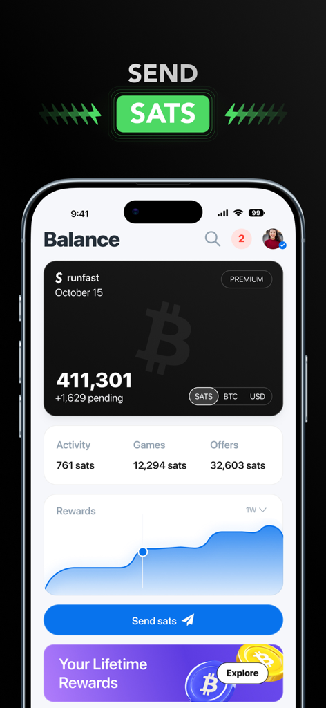The balance screen of the sMiles app showing total Bitcoin rewards in sats and earnings from activity games and offers.