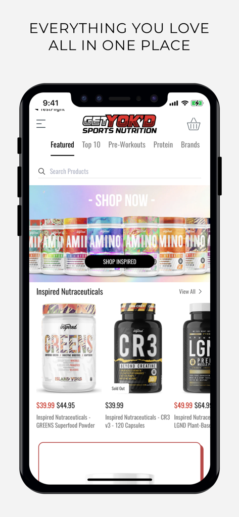 A mobile app interface for Get Yok'd Sports Nutrition showcasing bodybuilding supplements and fitness products.