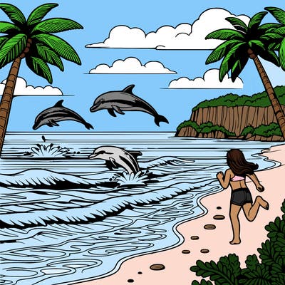 an ocean with a beach and plam trees dolphins jumping out of the water girl running on beach this is all realistic