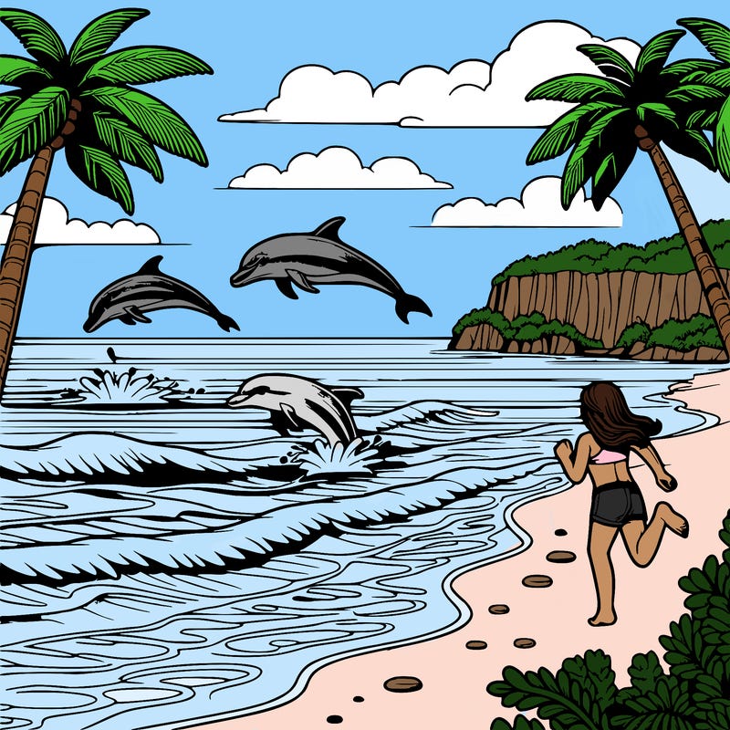 an ocean with a beach and plam trees dolphins jumping out of the water girl running on beach this is all realistic