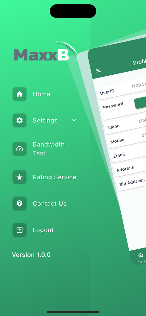 MaxxB - MaxxB app side menu showing options for Home, Bandwidth Test, and customer profile details
