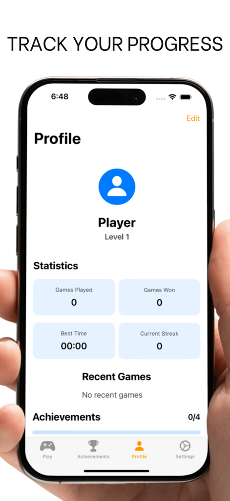 Sudoku Master Offline - Sudoku Master Offline app profile screen showing player statistics and achievements on a mobile device
