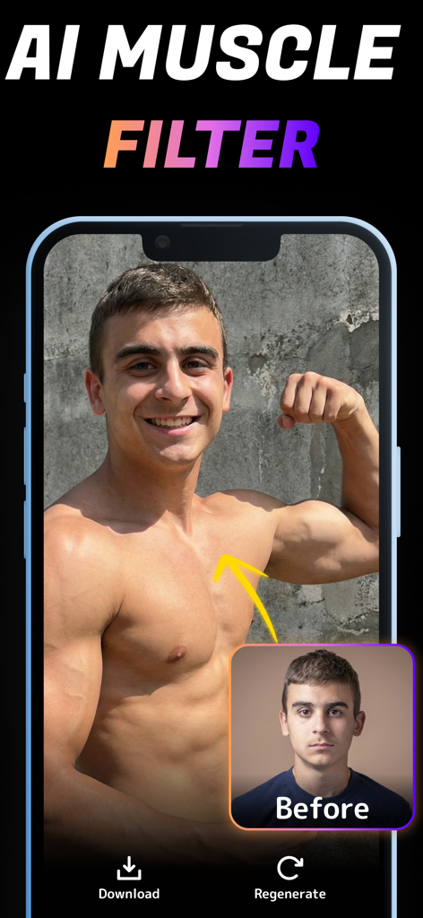 PixVerse AI 근육 필터 효과를 보여주는 모바일 앱 스크린샷으로 남성의 체격을 근육질 몸으로 변환합니다.