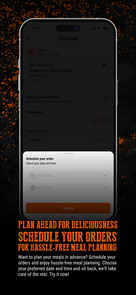 日付と時刻の選択を含むバーガー配達注文をスケジュールするためのモバイルアプリインターフェース