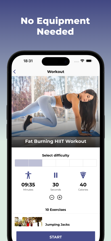30 Day Weight Loss Challenge - Mobiler Bildschirm der 30-Tage-Abnehm-Challenge-App, der ein fettverbrennendes HIIT-Workout ohne benötigte Geräte anzeigt.