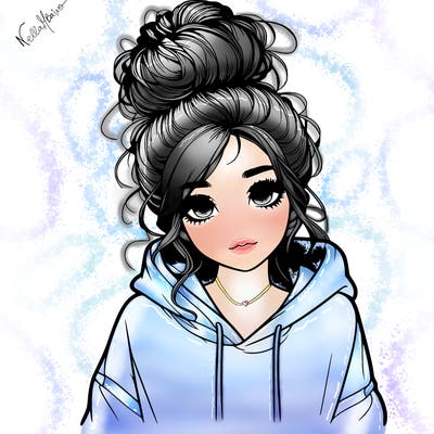 realistic girl with a massy bun and a hoodie