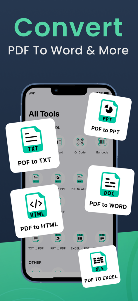 PDF Scanner App for Documents - Interfaz de la app escáner PDF mostrando varias opciones de conversión de archivos como Word Excel y PPT