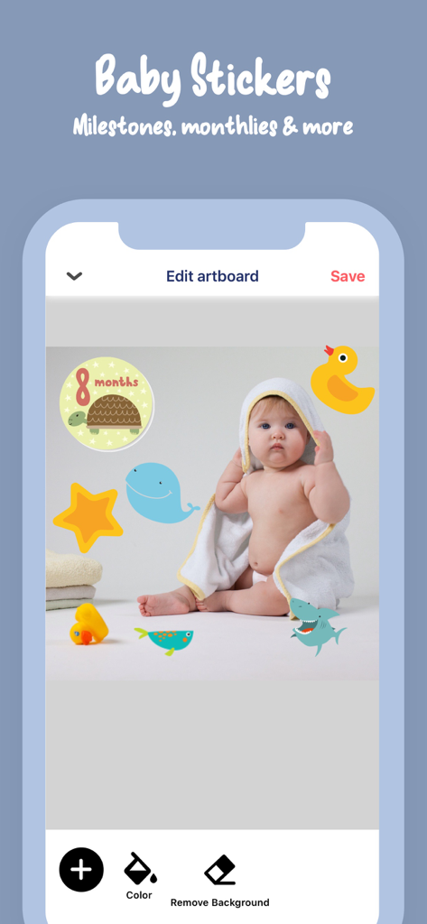 Bino: Baby Photo Editor App - Bino baby photo editor app interface showing a baby picture being edited with milestone and animal stickers