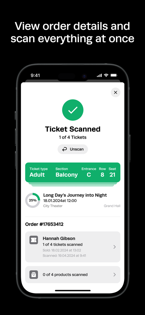 Interfaz de Tixly Scanner que muestra un escaneo de entrada exitoso con información detallada de asientos y pedidos.