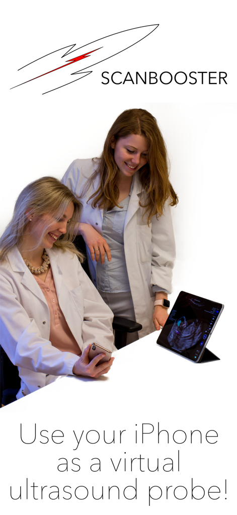 Scanbooster Control sonography - Two female medical students using an iPhone as a virtual ultrasound probe while looking at a tablet display