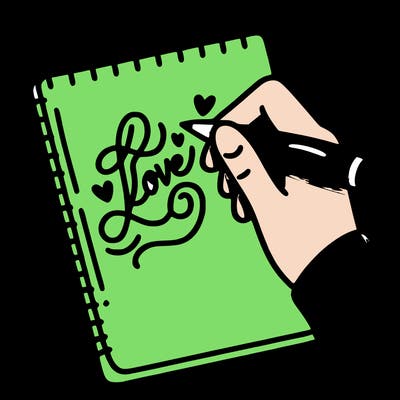 a hand writing “love” in calligraphy on a notebook