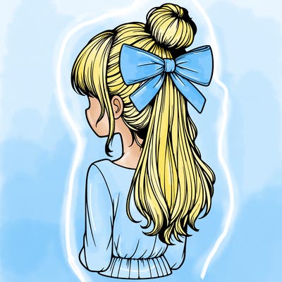 realistic girl  with hip length hair a bun and a big bow on the back of head