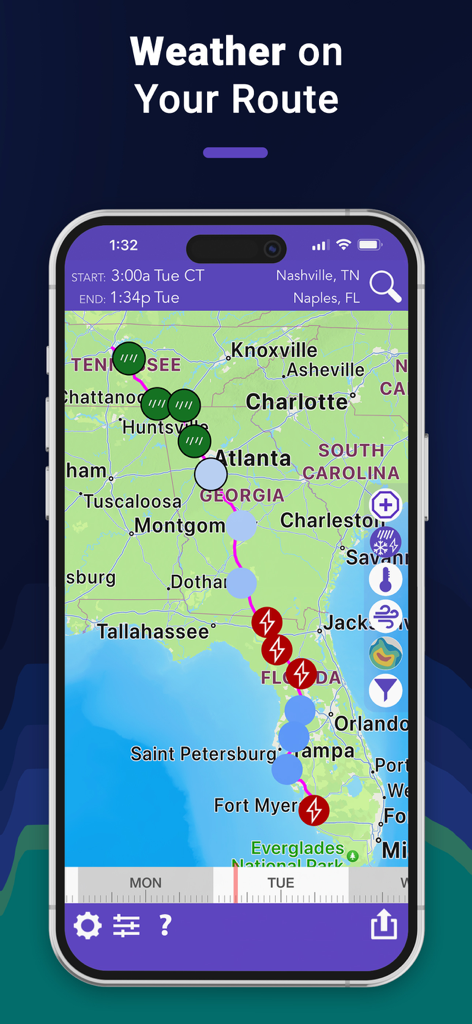 Drive Weather app showing a travel route from Nashville to Naples with weather forecast icons along the path