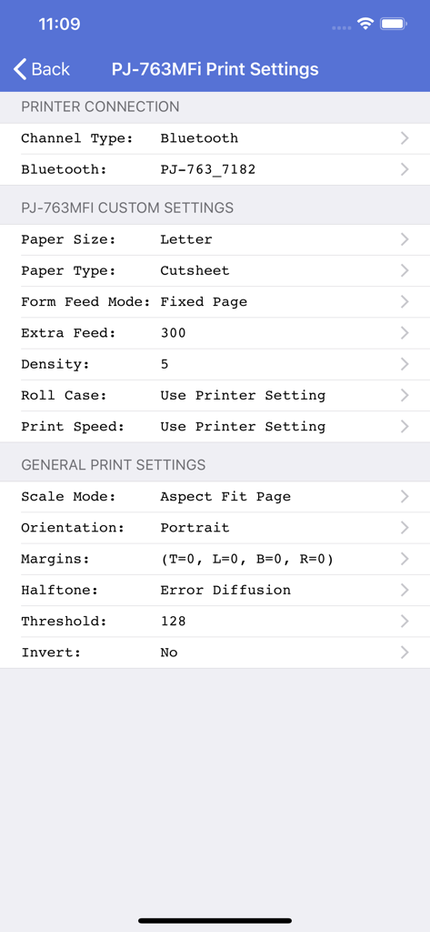 Menú de configuración de impresión en la aplicación PJ-673 Print que muestra la conexión Bluetooth y las opciones de configuración del papel.