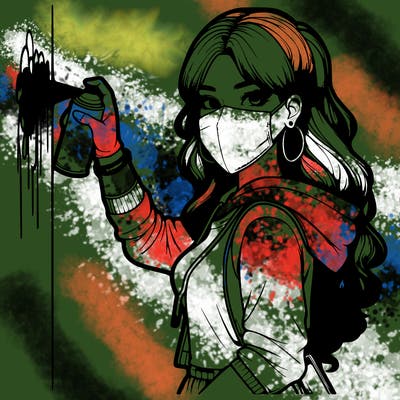 realistic girl with mask spray painting a wall