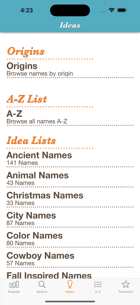Baby Names™ - Screenshot of the Baby Names app showing themed idea lists including Ancient, Animal, and Christmas names
