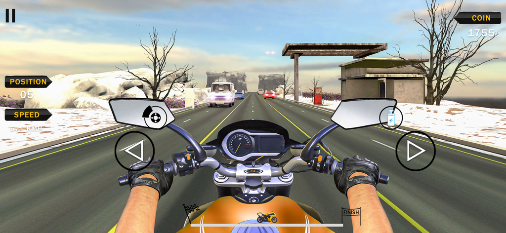 First person view of a motorcycle riding through highway traffic in a winter setting