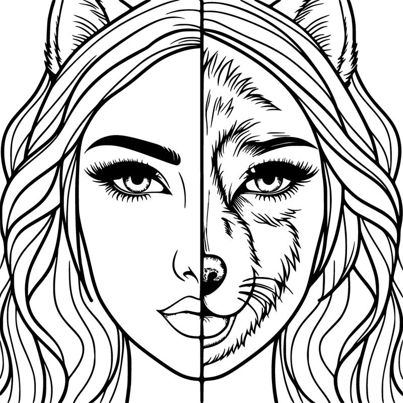 split face realistic woman and wolf